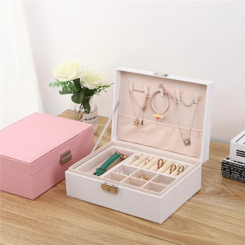 Large Capacity Double Layer PU Leather Jewelry Organizer Box With Lock For Rings Earrings Necklaces Storage Case Women Gift