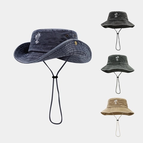 Chapeau Bob En Coton Lavé À Bord Large Broderie Palmier Protection Solaire Cordon Coupe-Vent Extérieur Pêche Unisexe
