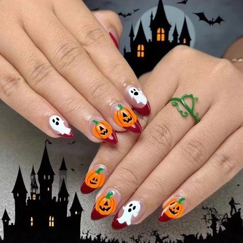 Halloween Press On Nails Long Almond French Tips Burgundy Pumpkin Ghost Glossy Artificial Fake Nails For Women