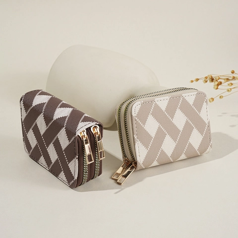 Porte Cartes Double Fermeture Éclair Motif Losanges Tissu Cuir PU Multi Fentes Style Accordéon Porte Monnaie Femmes