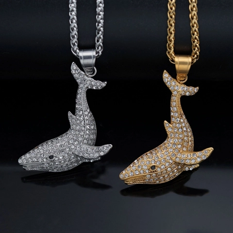 Wal Delphin Anhänger Halskette 316 Edelstahl Voll Rhinestone Iced Out Hip Hop Streetwear Schmuck Für Männer Frauen