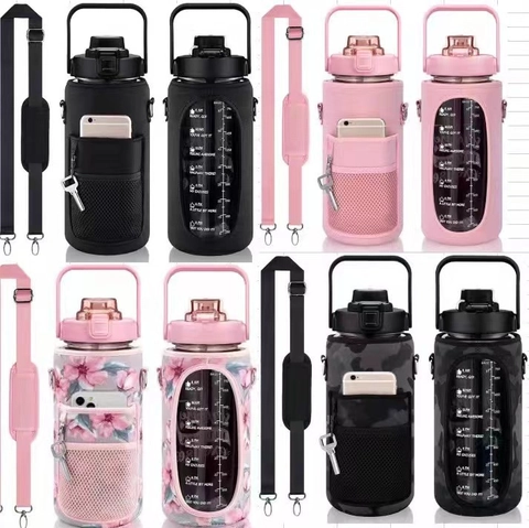 Large Capacity Sport Water Bottle Neoprene Sleeve Storage Pocket Adjustable Shoulder Strap Tritan Motivational Time Marker