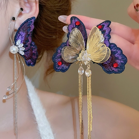 Vintage Schmetterling Lange Quaste Hängeohrringe Mit 925 Sterling Silber Ohrstecker Stickerei Zirkonia Künstliche Perlen Schmuck