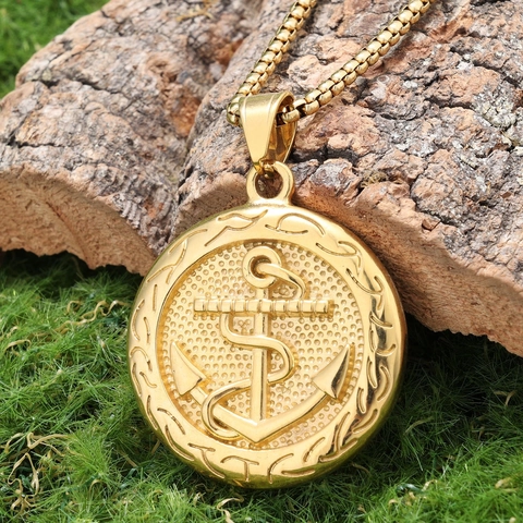 Vintage Anchor Pendant Necklace 316L Stainless Steel Nautical Medal Punk Retro Gold Plated Jewelry For Men Women