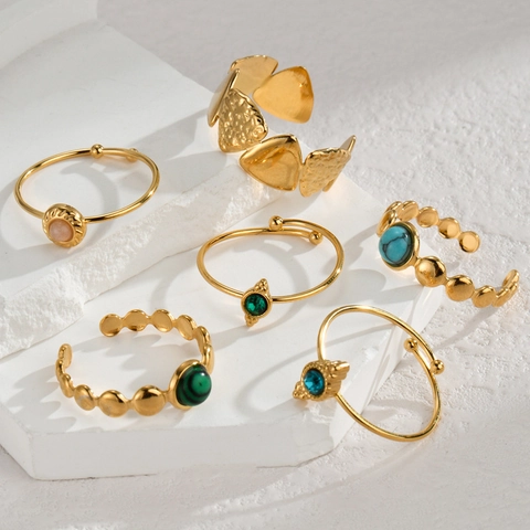 Verstelbare Open Ringen Voor Dames Roestvrij Staal 14K Verguld Natuursteen Gehamerd Geometrische Mode-Sieraden