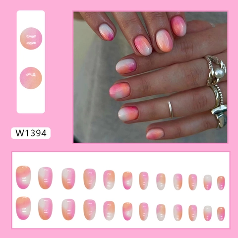 Unghie Finte Press On Sfumate Arancione Rosa Corte Tonde Ovali Lucide Specchio Dolce Stile Ins Donne
