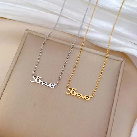 Collar Con Colgante De Letra Forever Escritura Cursiva Minimalista Acero De Titanio Chapado En Oro Joyas Elegantes Cadena De Clavícula Para Mujer