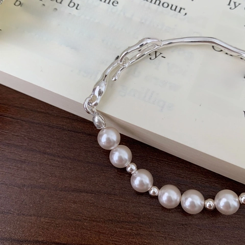 Bracciale Di Künstliche Perle In Argento Sterling 925 Con Barra Di Metallo Geometrica Irregolare Gioielli Eleganti Minimalisti Per Donna