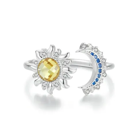 Anillo Abierto De Sol Y Luna De Plata Esterlina 925 Para Mujer Vidrio Amarillo Circonita Azul Blanco Ajustable Elegante