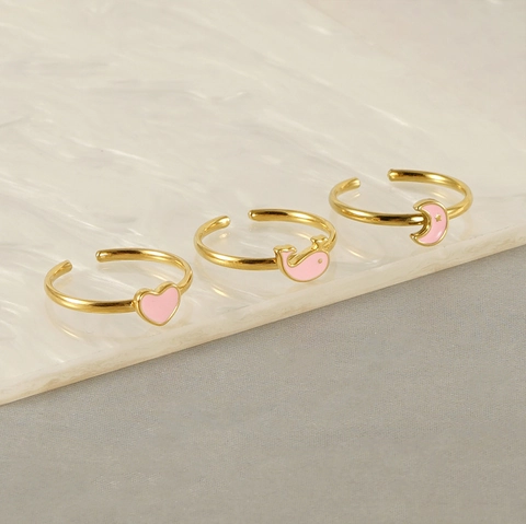 Heart Dolphin Moon Star Open Adjustable Rings 18K Gold Plated Stainless Steel Pink Enamel Cute Fashion Jewelry For Women
