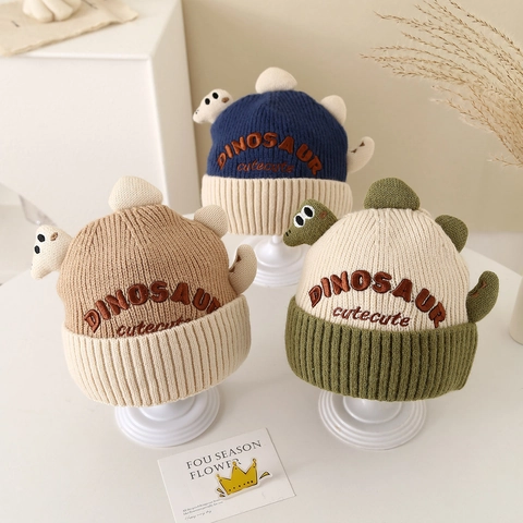 Kids Knitted Beanie Hat Dinosaur Cartoon Design Winter Warm Thick Soft Woolen Outdoor Windproof For Toddlers Children