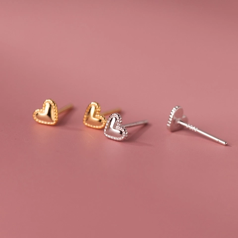 925 Sterling Silver Heart Stud Earrings Small Beaded Edge Minimalist Sweet Jewelry For Women