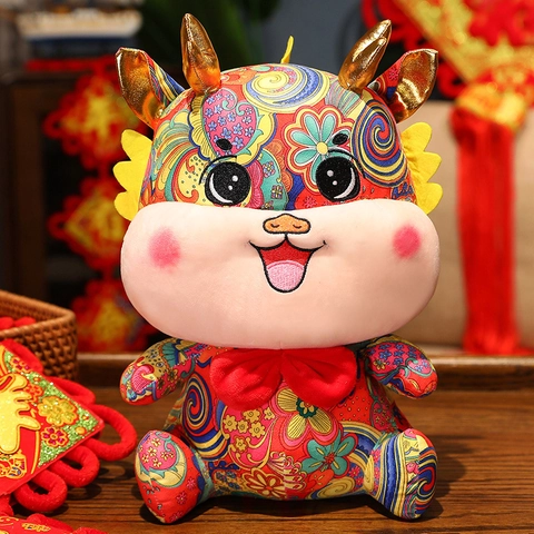 Tierkreis Drache Plüschtier Maskottchen Glücksdrache Wildlederstoff Blumenmuster Weiches Stofftier Festliche Puppe Wohndeko Neujahrsgeschenk