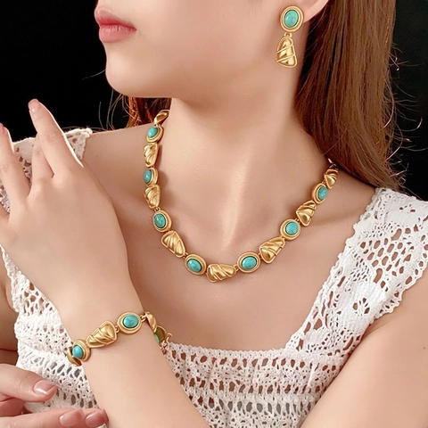 Gioielli In Lega Vintage Con Pietra Turchese Artificiale Collana Bracciale E Orecchini Perno In Argento Donne