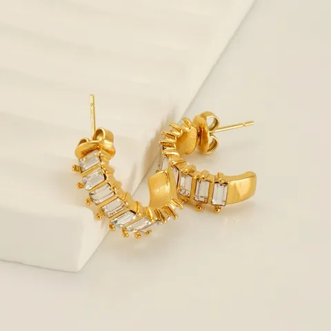 Edelstahl C Hoop Ohrringe 18K Vergoldet Mit Rechteckigem Zirkon Geometrisch Mode Leichter Luxus Schmuck Für Frauen