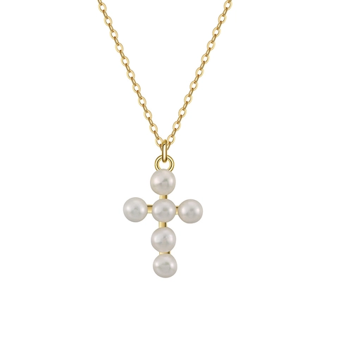 Collana con Pendente a Croce in Argento Sterling 925 Con Perle Naturali Placcata Oro Eleganti Gioielli da Donna Regalo