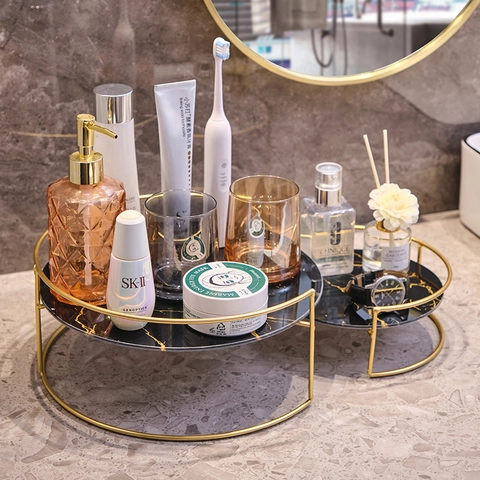 Bathroom Countertop Organizer Round Marble Texture Glass Iron Rack Makeup Vanity Tray Luxury Nordic Modern Waterproof Storage
