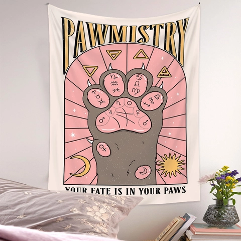 Tapiz De Pared Pata De Gato Pawmistry Poliéster Astrología Mística Zodiaco Luna Estrellas Estética Bohemia Decoración Habitación