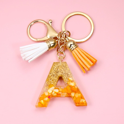 Llavero de Letras de Resina Con Papel de Oro Piedra Amarilla Borlas Naranja Blanco Para Bolso Mujer Gancho de Metal