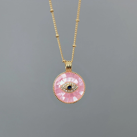Fashion Copper Zirconia Mother Of Pearl Evil Eye Pendant Necklace Gold Plated Mosaic Round Charm Women Jewelry Accessories