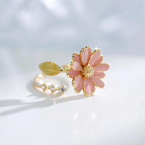 Anillo Abierto Margarita Rosa Cobre Esmalte Degradado Rosa Acentos Circón Elegante Joyería Estilo Coreano Para Mujeres
