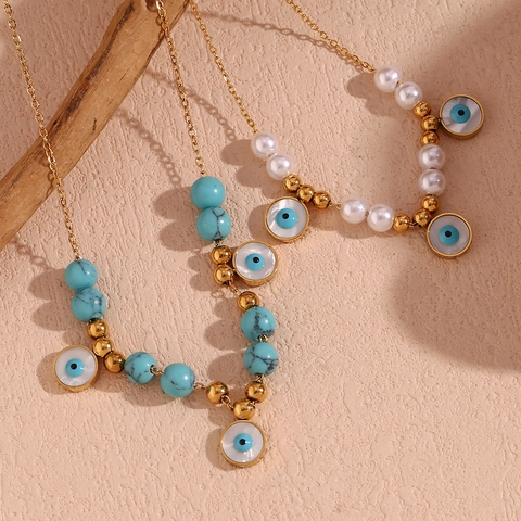 Collana con Pendente Malocchio in Acciaio Inossidabile Vintage Francese per Donna Collana di Perle Artificiali e Turchese Oro