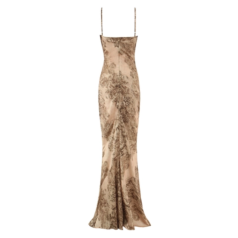 Women Elegant Spaghetti Strap Cowl Neck Maxi Dress Floral Print Satin Slim Fit Fishtail Long Dress