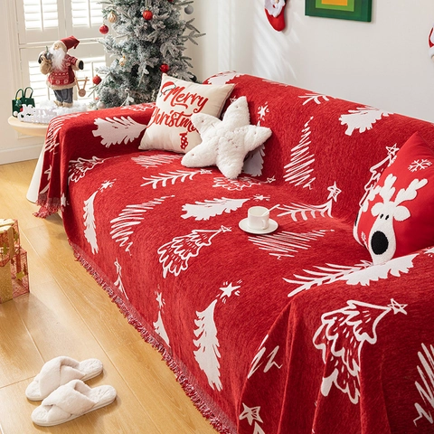 Bankhoes Deken Chenille Gebreid Kerstboom Patroon Dubbelzijdig Met Kwastjes Rood Wit Feestelijke Woondecoratie