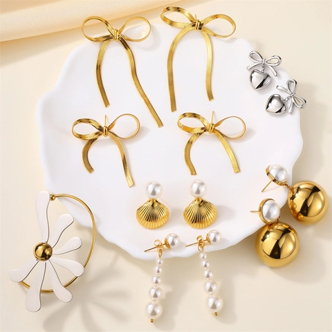 Stainless Steel Artificial Pearl Bowknot Drop Earrings For Women Fashion Tassel Stud Earrings Snake Chain Heart Shell Jewelry