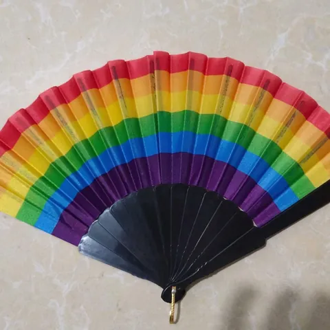 Rainbow Stripe Folding Fan Plastic Frame Satin Fabric Portable Hand Fan For Dance Rave Party Pride Summer