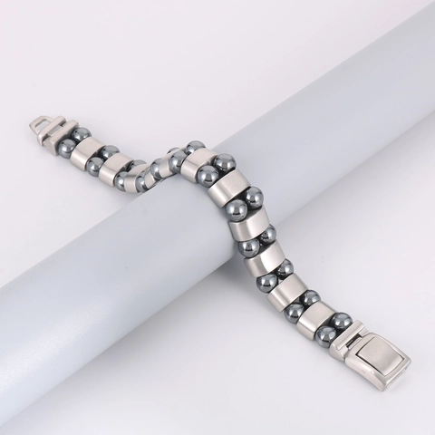Bracelet Pour Hommes Perles En Hématite Multicouches Acier Inoxydable Maillons Brossés Style Punk Industriel Bijoux