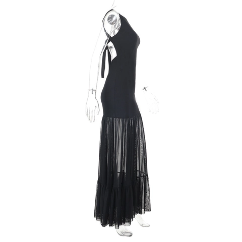 Vestido Maxi Sin Mangas Sexy Espalda Descubierta Cordones Malla Patchwork Dobladillo Sirena Color Sólido Ajustado Mujer