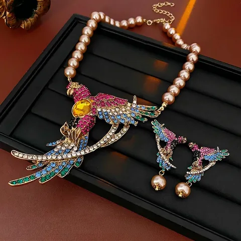Collana E Orecchini Vintage Pappagallo Uccello Con Perno In Argento Strass Colorati Perla Artificial Sintetica Lega Donna