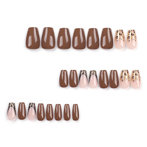 Unghie Finte a Bara Marroni Leopardate Oro Glitter Forma a Ballerina Lucide Autunno Minimaliste per Donna