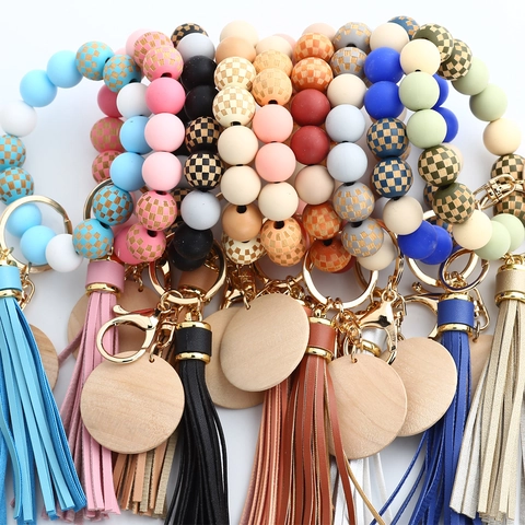 Portachiavi a Bracciale in Perle di Silicone Con Nappa Ciondolo in Legno Motivo a Scacchiera Braccialetto Donna Regalo Festa della Mamma