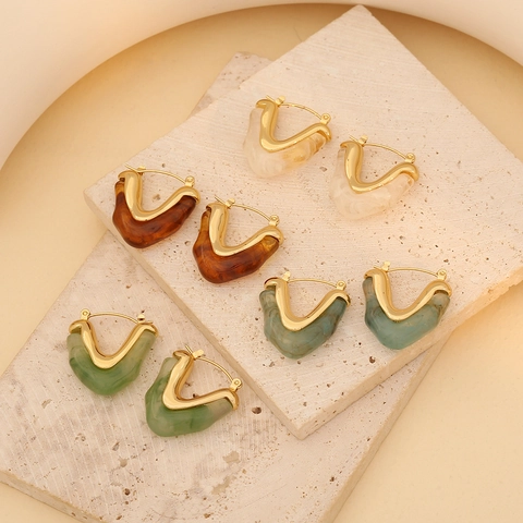 Women V-Shaped Geometric Stud Earrings Stainless Steel With Resin Marble Pattern Modern Fashion Jewelry