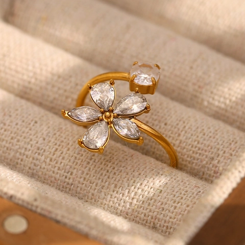 Edelstahl 18K Vergoldet Zirkonia Blume Offener Ring Für Frauen Elegant Mode Verstellbarer Finger Schmuck Nischen Design