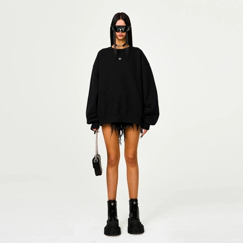 Women Cotton Sweatshirt Crew Neck Long Sleeve Oversized Streetwear Cross Print Side Zipper Loose Fit Top