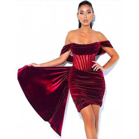 Fluwelen Off Shoulder Corset Mini Jurk Met Lange Handschoenen Ruched Sexy Bodycon Avondfeest Jurk Voor Dames