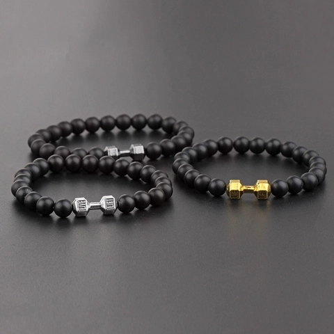 Pulsera Cuentas Piedra Mate Lava Aleación Mancuerna Amuleto LIFT LIVE Grabado Fitness Deporte Joyería Para Hombres Mujeres