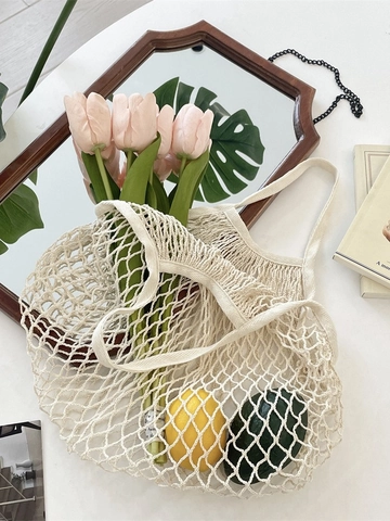 Woven Mesh Bag Cotton String Hollow Out Shopping Tote Reusable French Style Beach Handbag Eco Friendly For Women