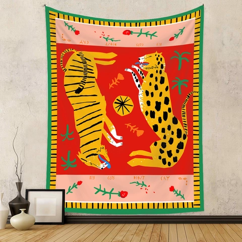 Arazzo Da Parete Arte Illustrazione Poliestere Giungla Tropicale Tigre Leopardo Donna Che Legge Modello Boho Retro Arredamento