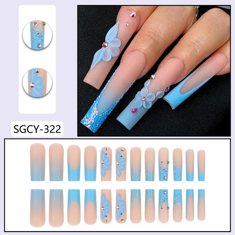 Uñas Postizas Largas De Ataúd Degradado Azul Rosa Pétalos De Flores 3D Diamantes De Imitación Purpurina Estilo Francés Puntas De Manicura Artificiales