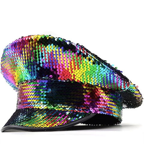 Rainbow Sequin Captain Hat Rhinestone Fringe Colorful Military Costume Hat For Party Stage Performance Women