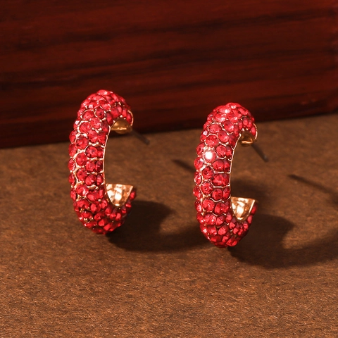 Alloy Rhinestone C-Shape Hoop Earrings Geometric Colorful Trendy Ins Style Jewelry For Women Daily Wear Accessories