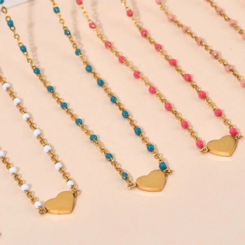 Collar Con Colgante De Corazón Dulce Cadena De Acero Inoxidable Con Cuentas De Esmalte Coloridas Joyería Para Mujer Ajustable