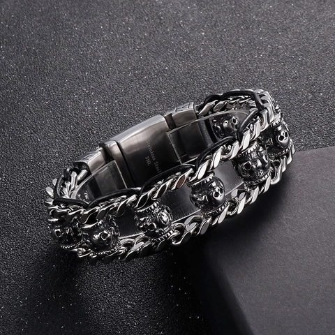 Bracciale Teschio Da Uomo In Acciaio Inossidabile 316L Punk Gotico Catena A Chiglia Con Pelle Nera Intrecciata Gioielli