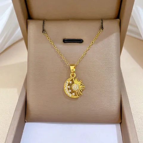 Sun And Moon Pendant Necklace Titanium Steel Chain Copper Micro Pave Zircon Elegant Delicate Jewelry For Women