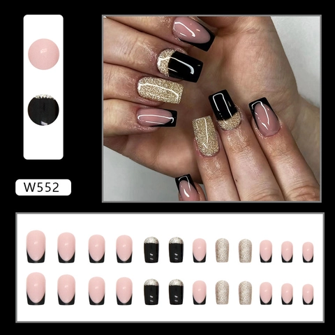 French Tip Press On Nails Long Square Fake Nails Glossy Black Nude Pink Gold Glitter Artificial Fingernails For Women W552