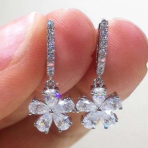 Flower Drop Earrings Copper White Gold Plated Cubic Zirconia Five Petal Dainty Elegant Style For Women